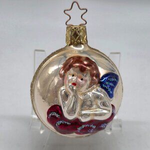 Inge Glas Angel on Ball German Glass Christmas Ornament 2.5"